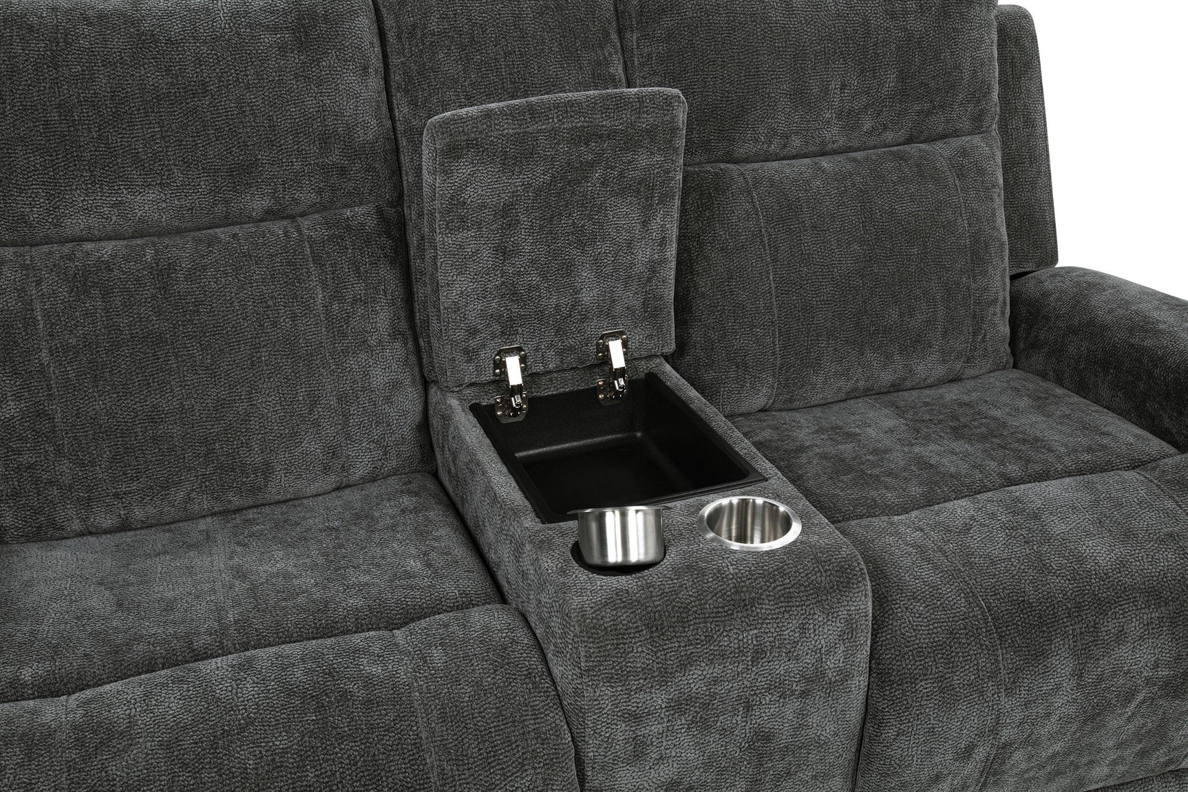 Loveseat with center console and cup holders
