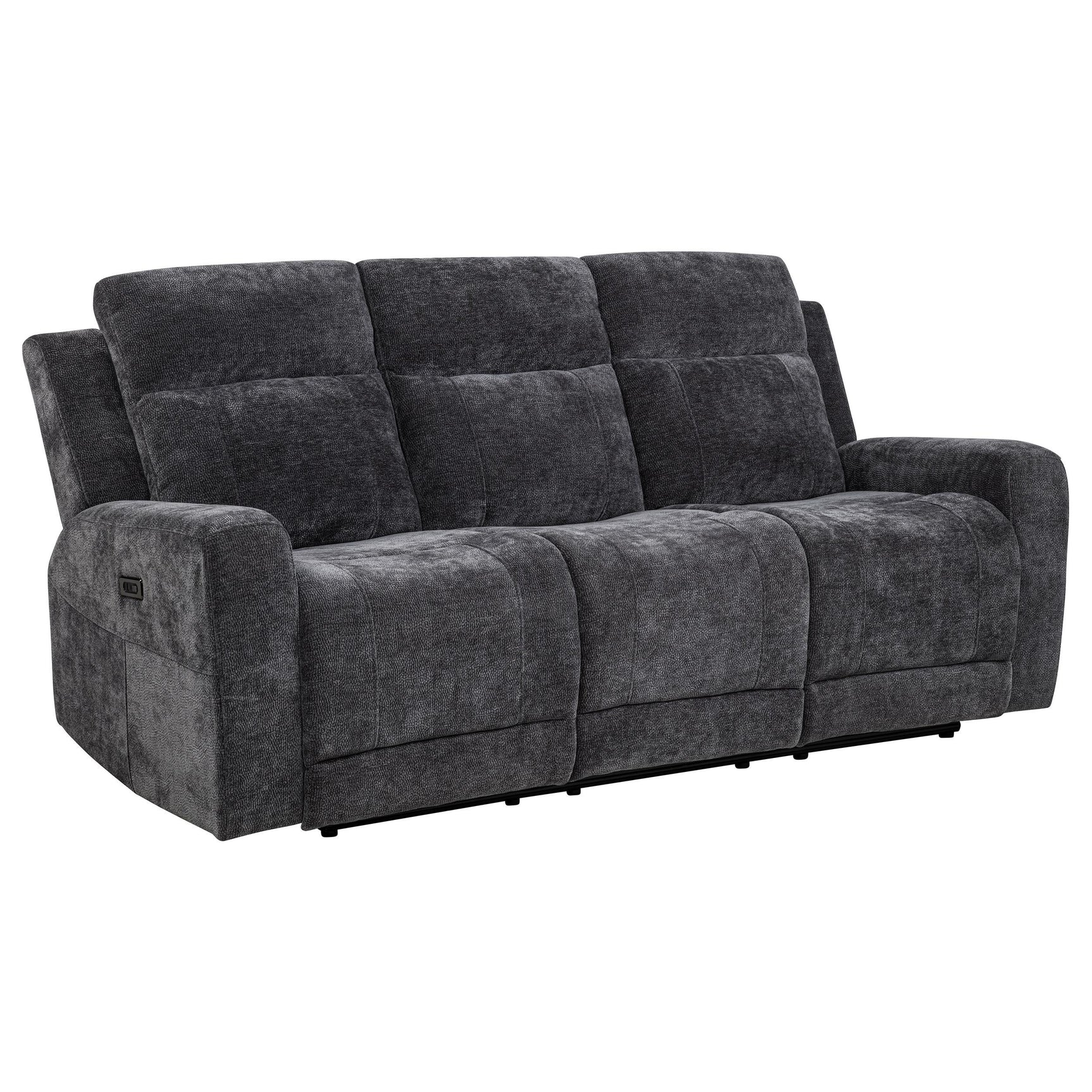 Side angle of Kennett Chenille Upholstered Power Reclining Sofa showing reclining feature