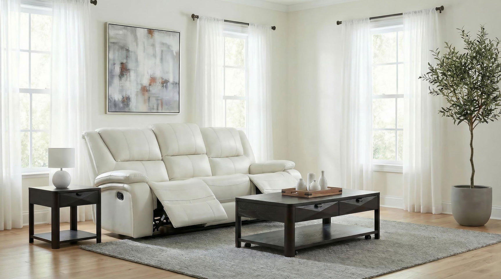 Close-up of white leatherette upholstery on Camila sofa