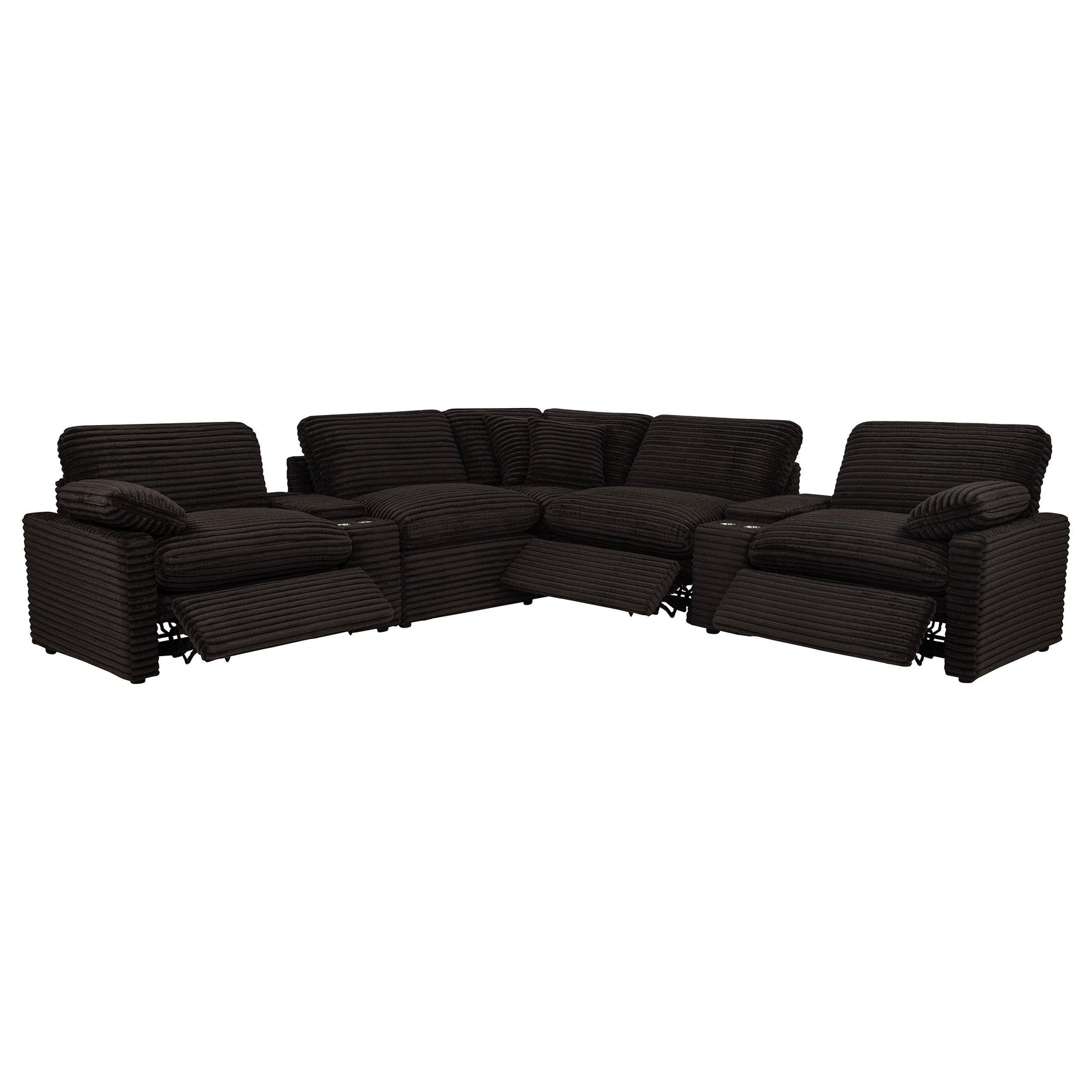 Modular sections of Collins brown sectional arranged in living room