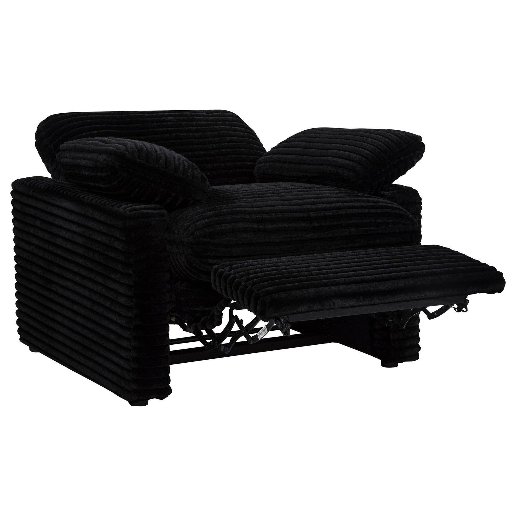Detail of black fabric and foam cushioning on recliner
