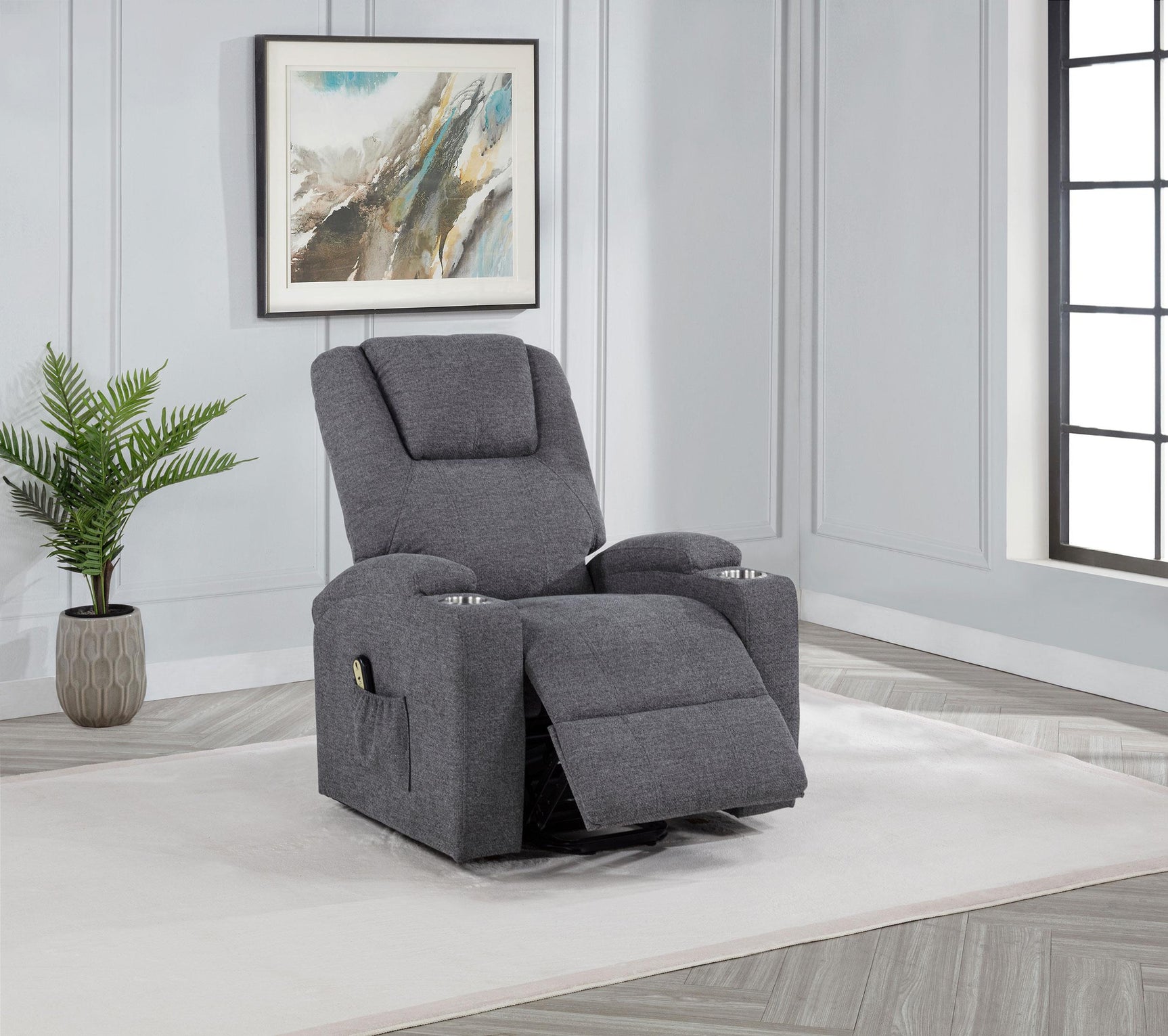 Louie Grey Chenille Power Lift Massage Recliner close-up on fabric and armrest