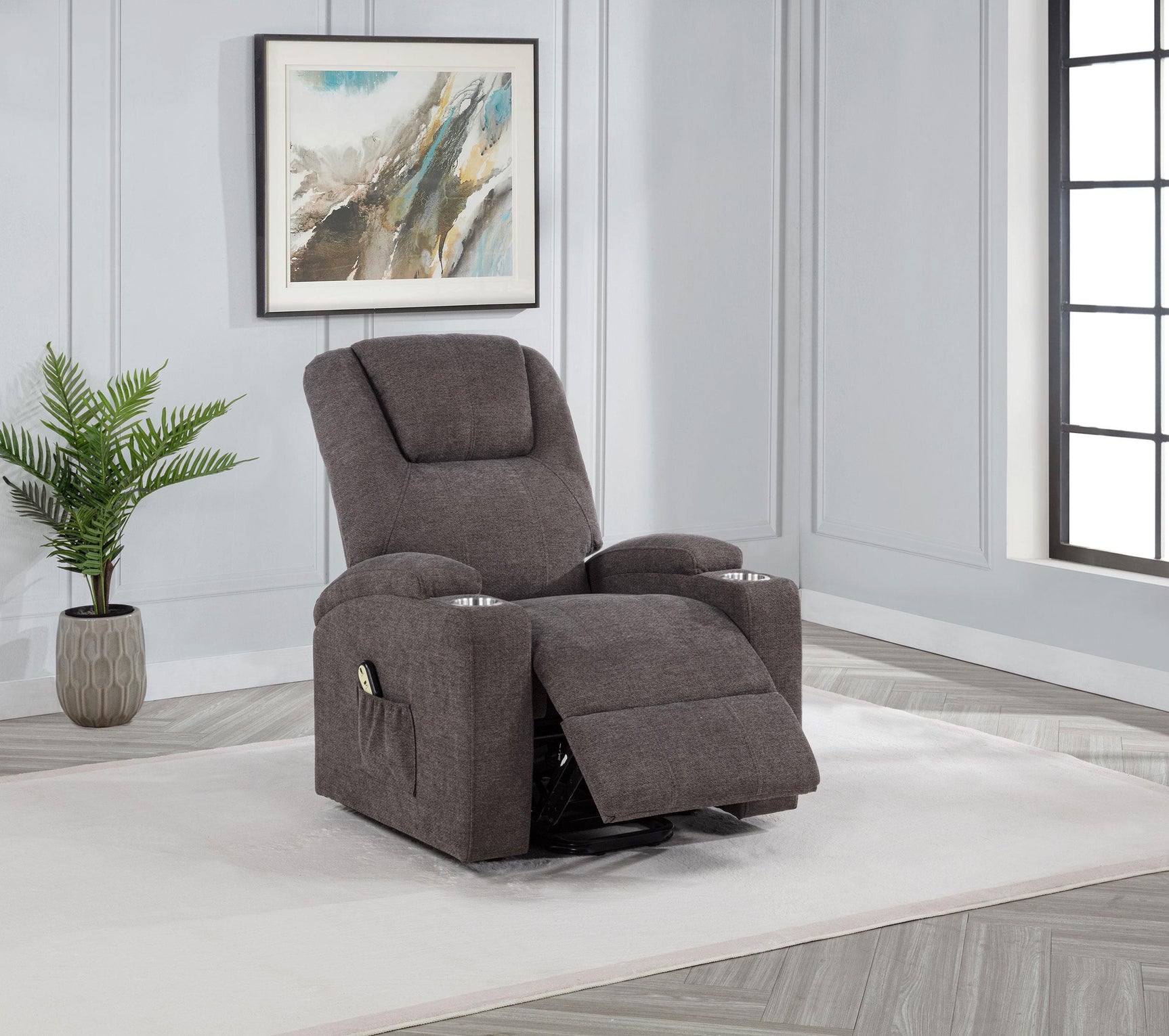 Louie power lift chair angled view with side pocket