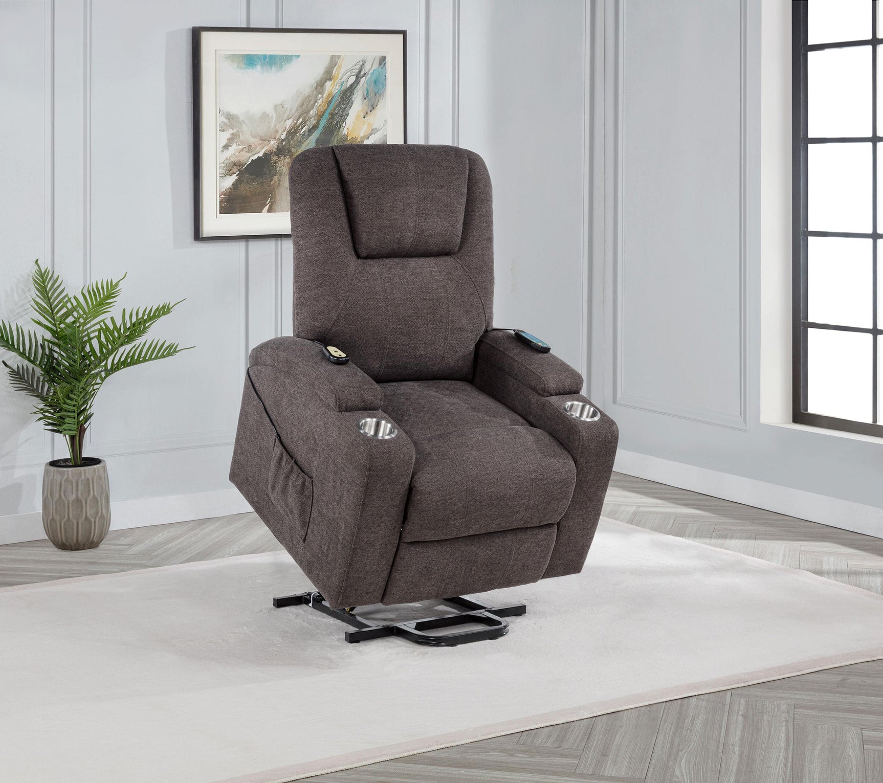 Louie chenille recliner showing cup holders and controls