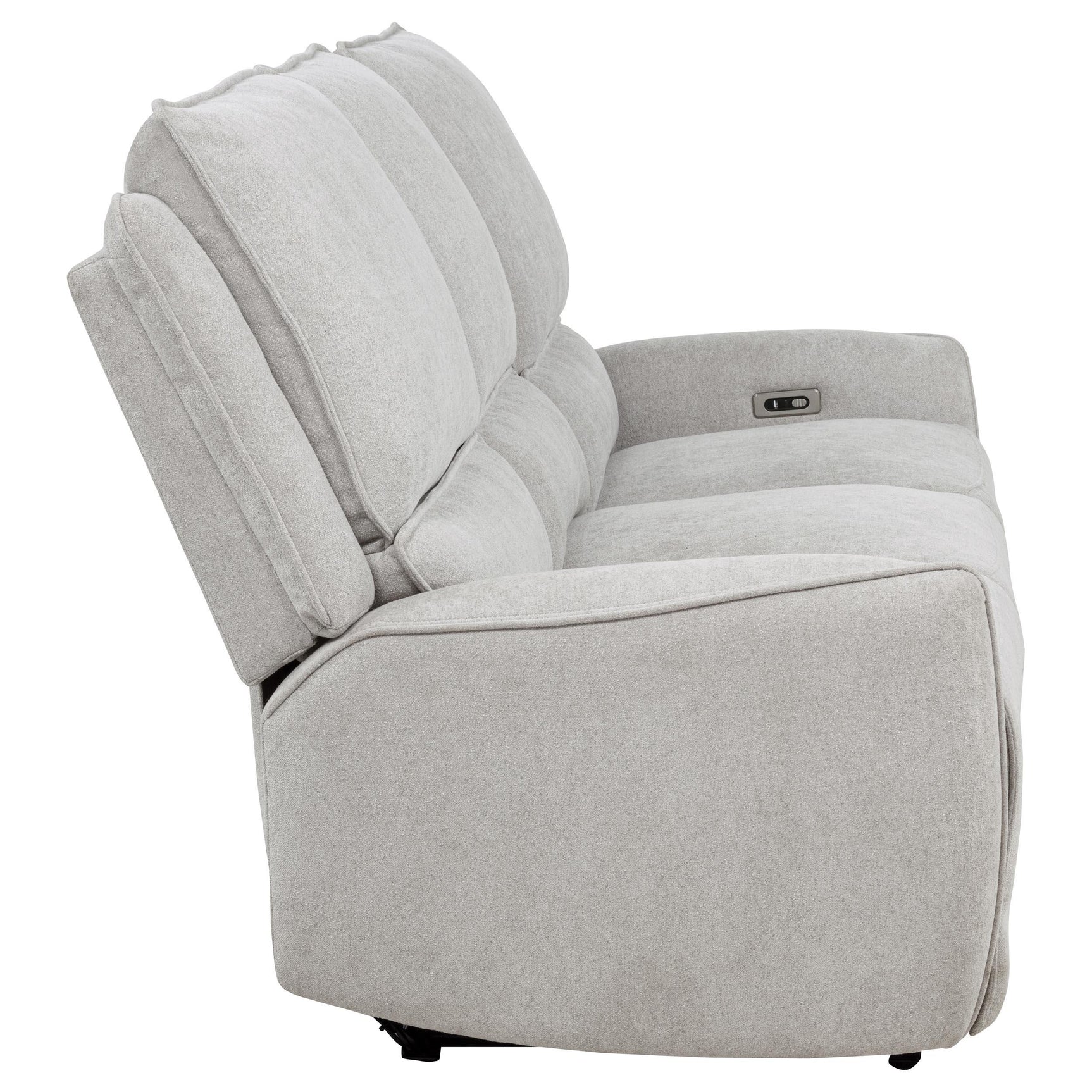 Sofa reclining at full extension in dove grey chenille