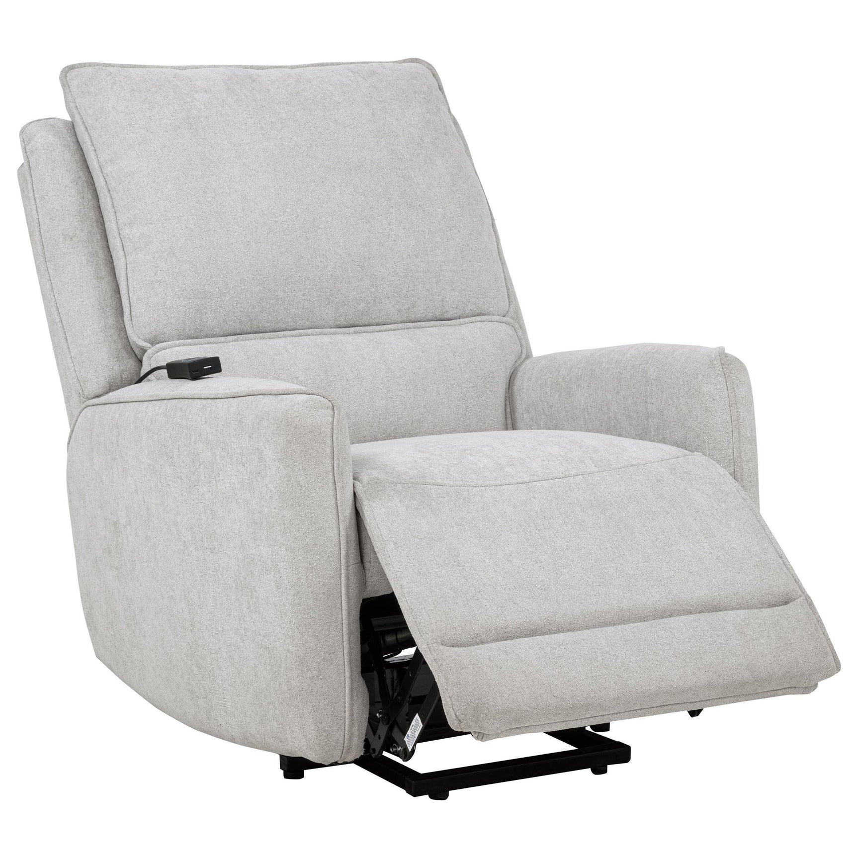 Side view of Sylmar dove grey chenille power lift recliner