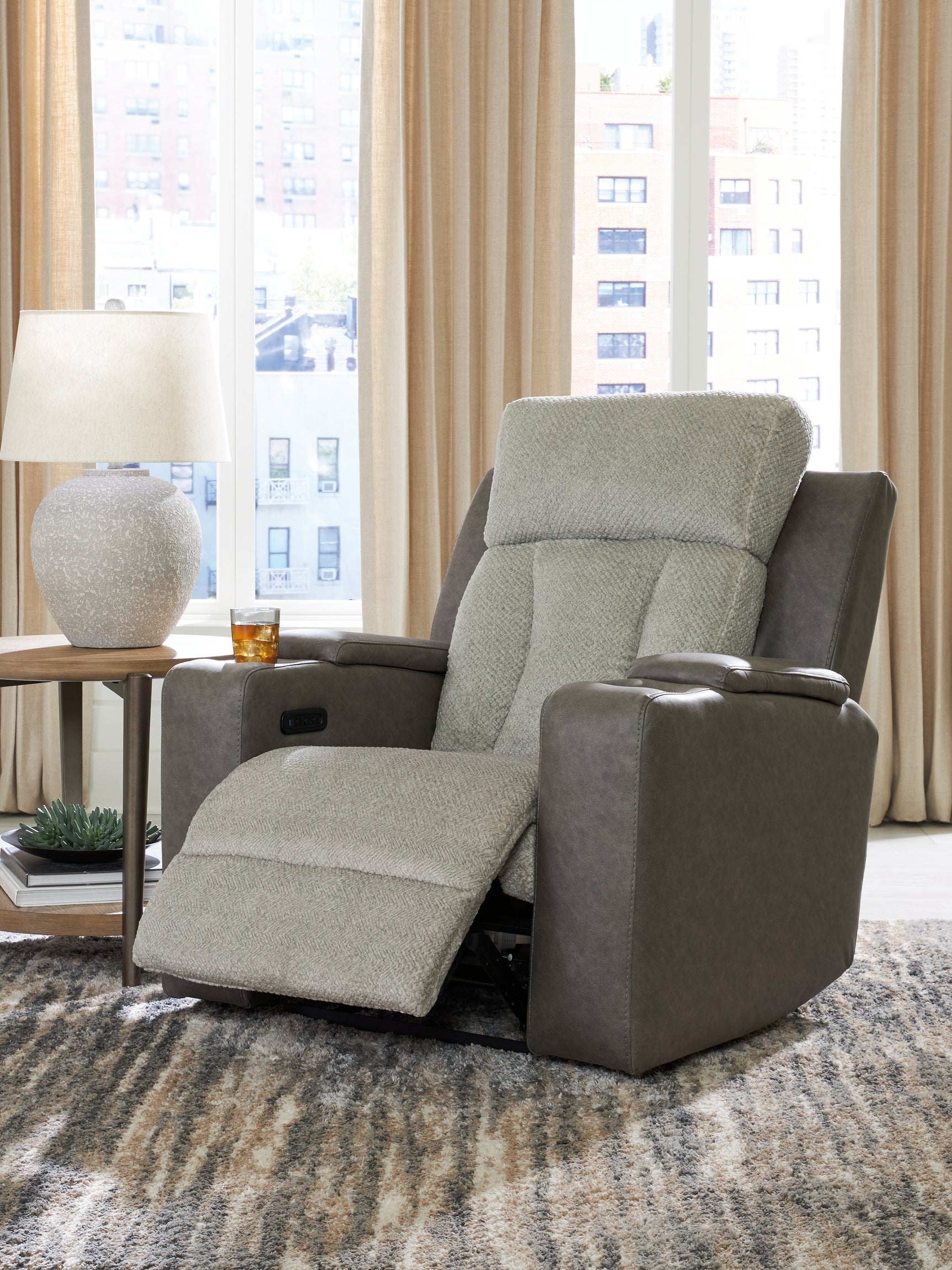 WhipLash Sisal Chenille Power Recliner fully reclined view