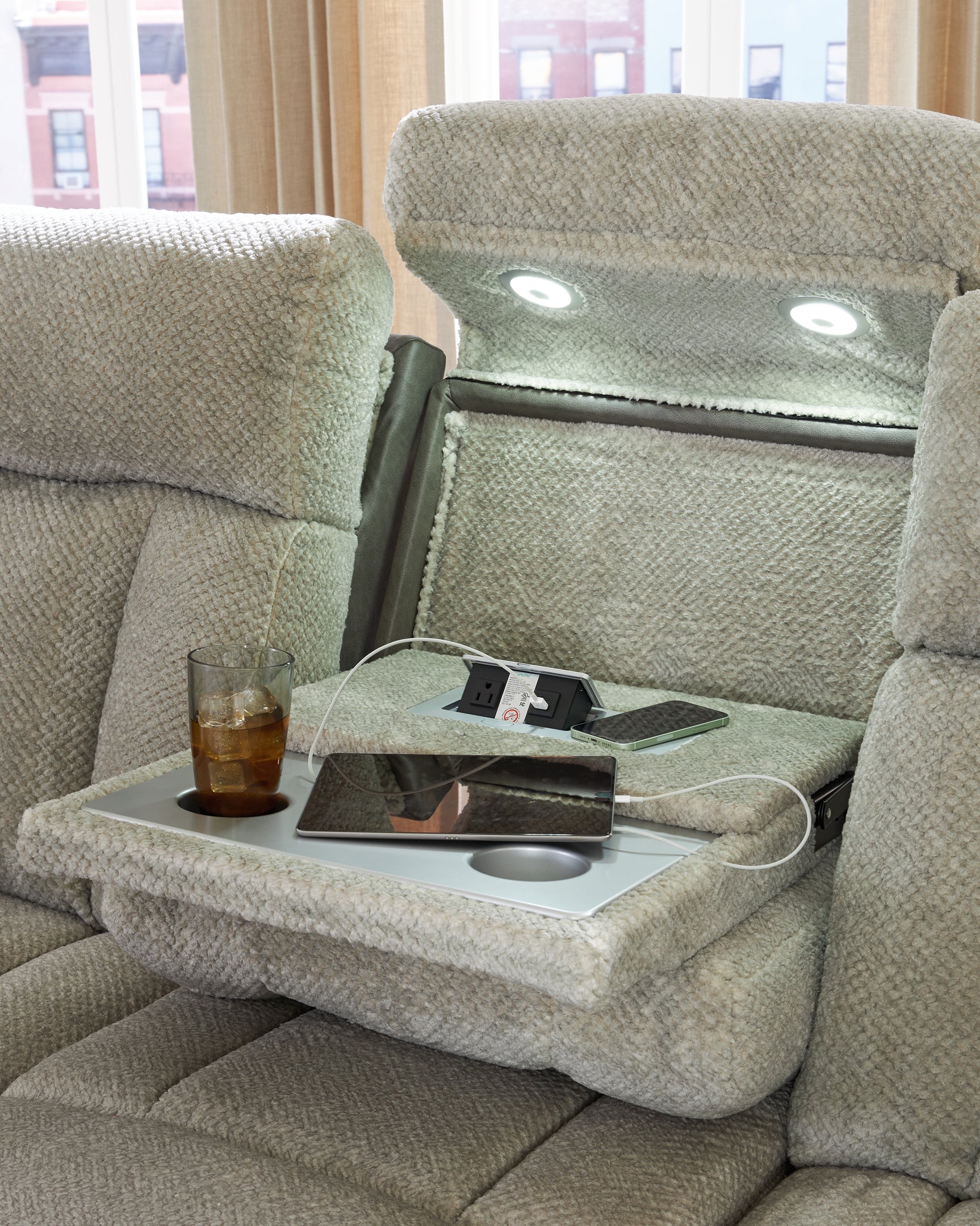 Close-up of drop-down table detail on WhipLash sofa