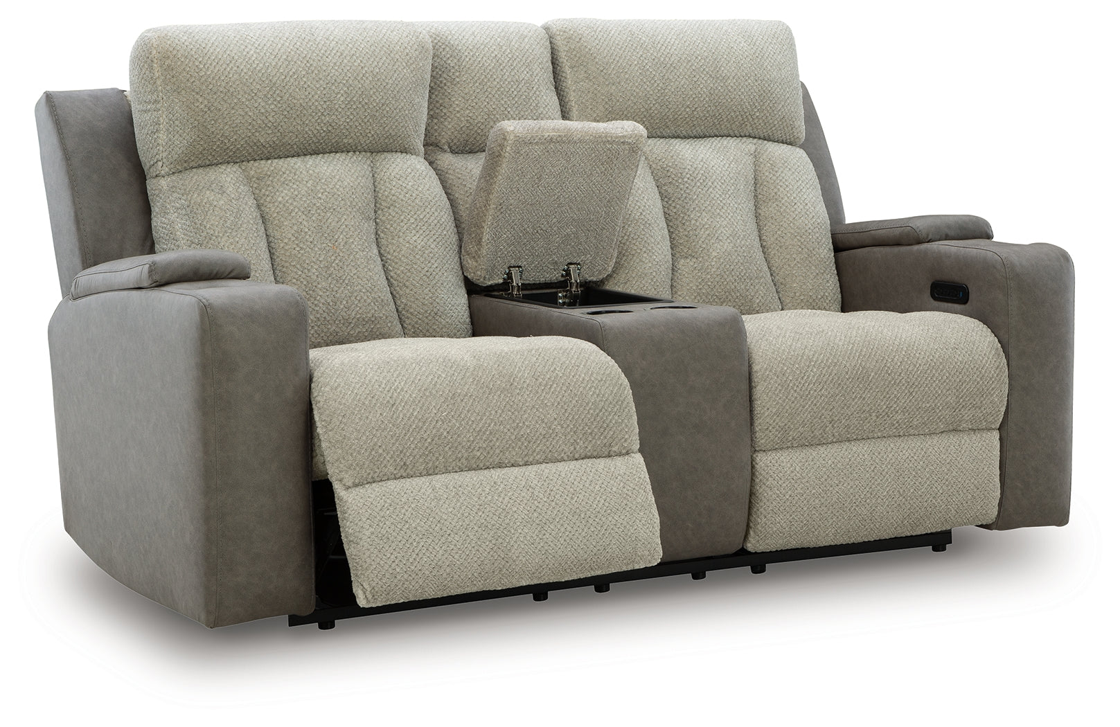Open console storage and cup holders on WhipLash loveseat