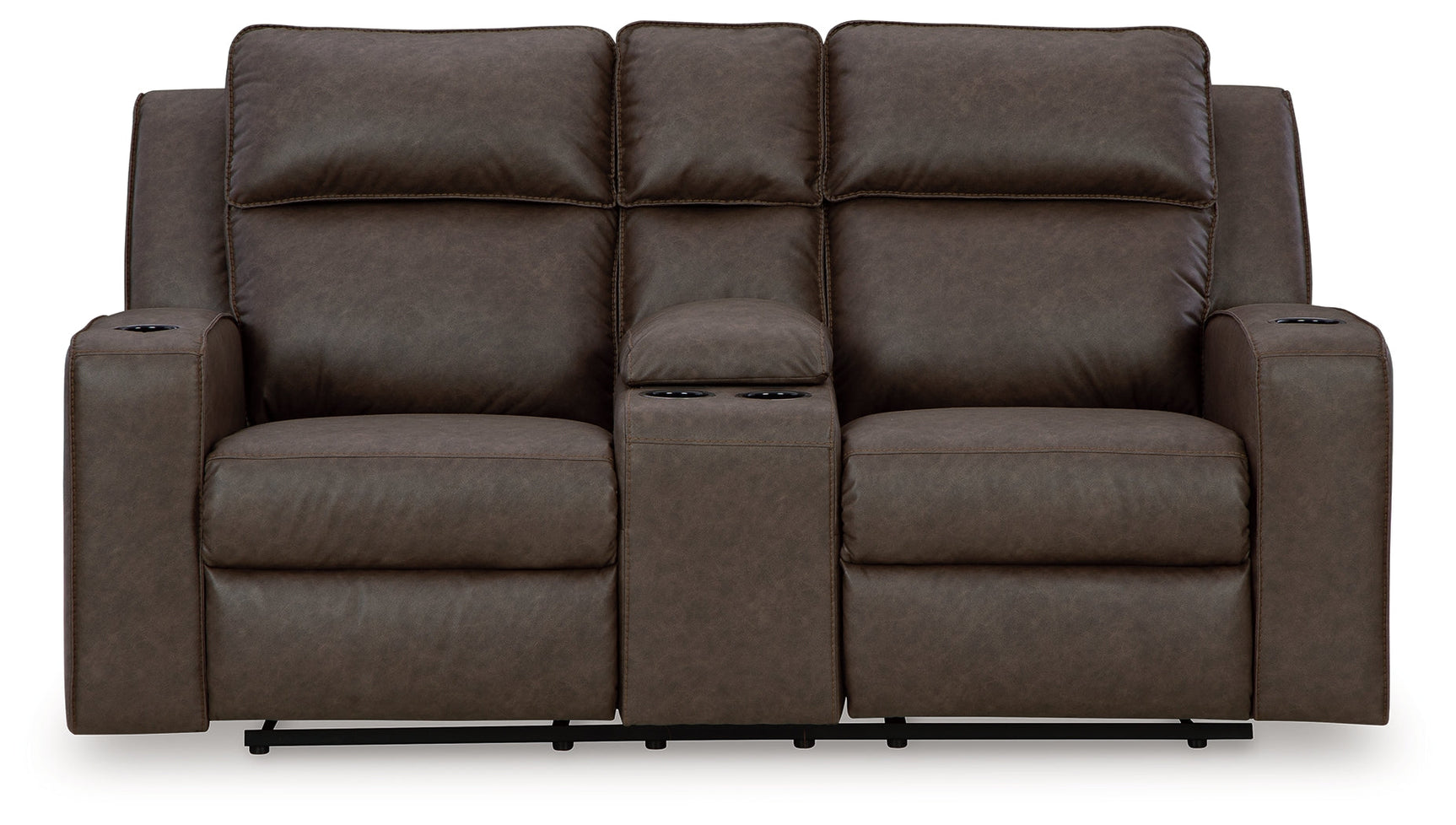 Front view of Lavenhorne Granite reclining loveseat showing stitching detail