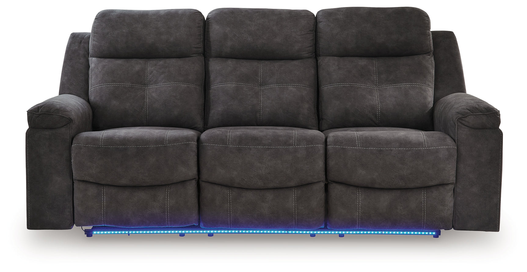 Brysonview Reclining Sofa front view with LED ambient blue light on