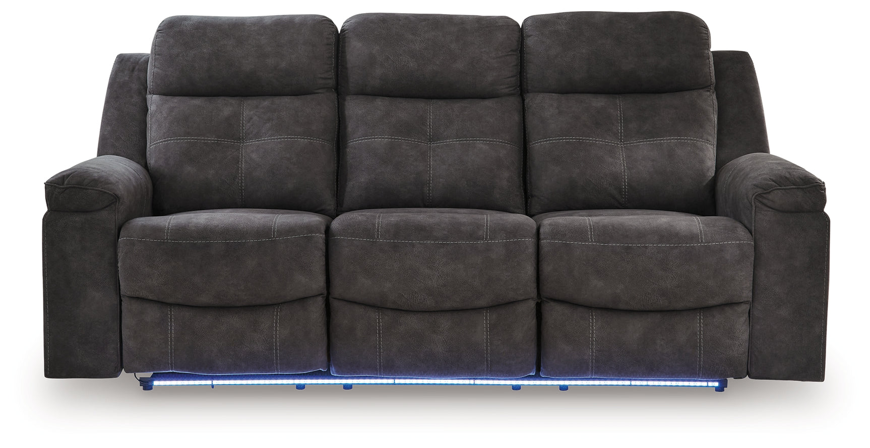 Brysonview Reclining Sofa front view with LED ambient white light on