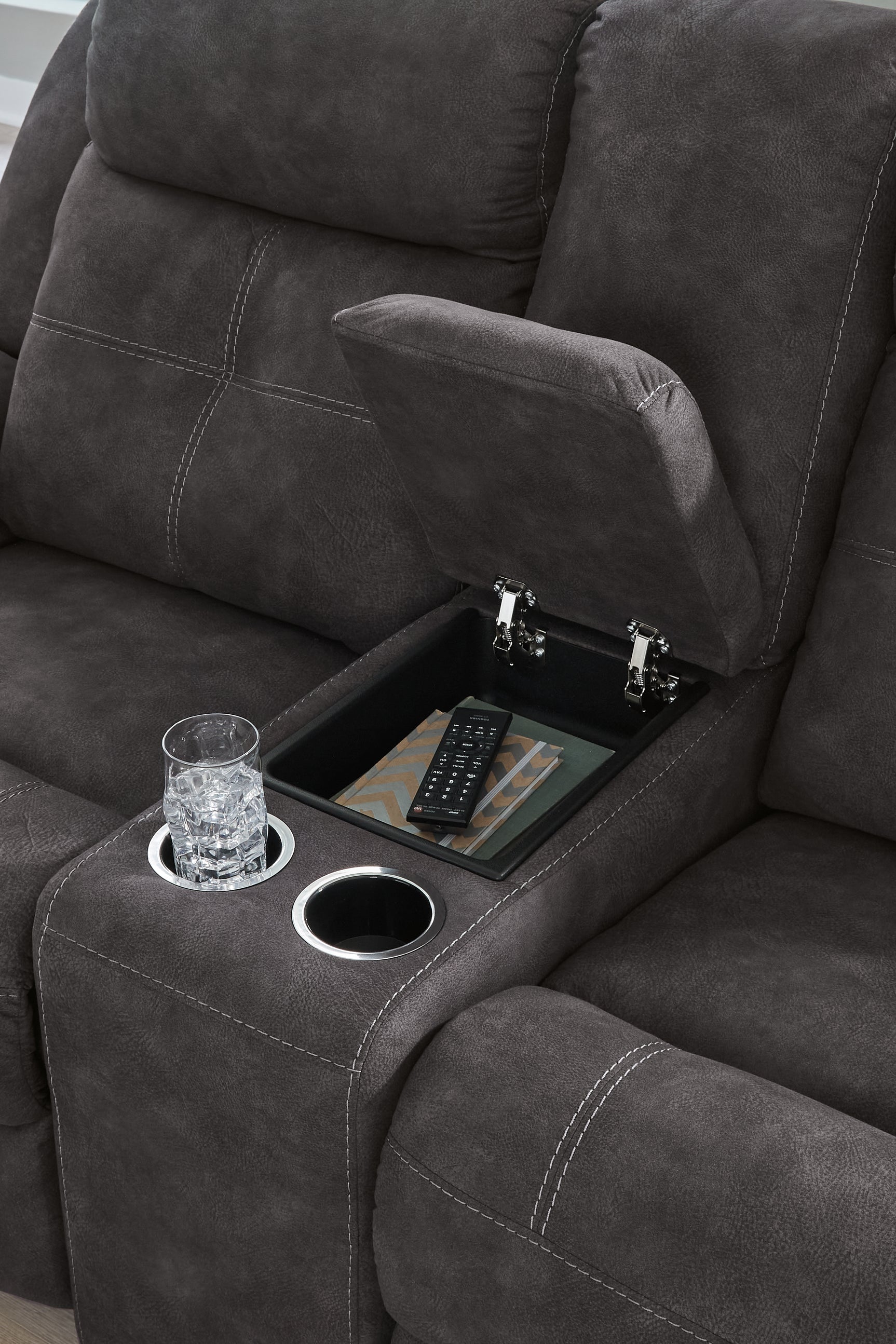 Brysonview loveseat center console with cup holders and storage