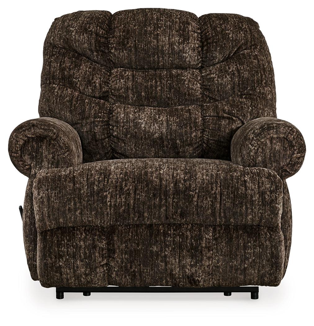 Movie Man Chocolate Velvet Recliner front close-up view