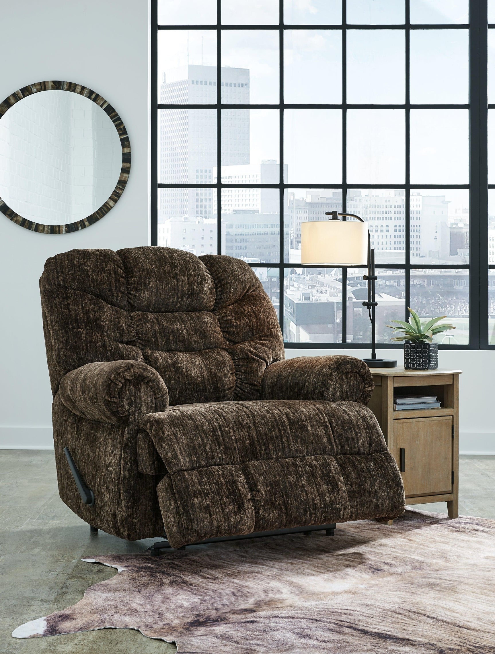 Movie Man Chocolate Velvet Recliner fully open side view