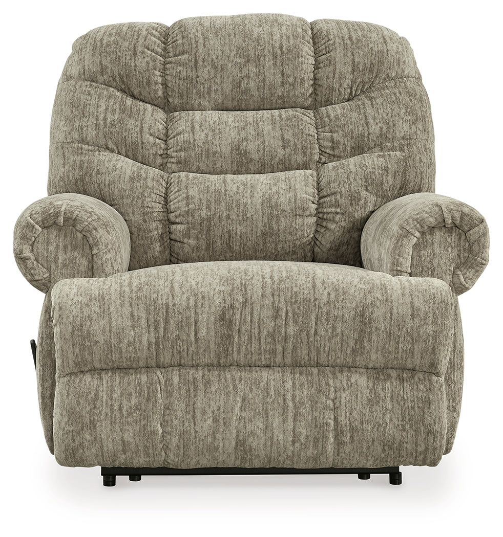 Head-on view of Movie Man Taupe Velvet Recliner