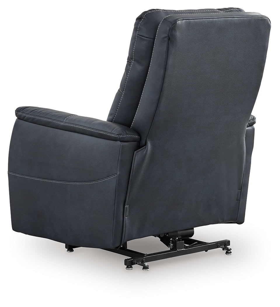 Back view of Strawbill Sapphire Faux Leather Power Lift Recliner reclining