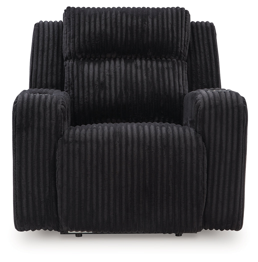 Front angle view of Forest Lake Black Chenille Velvet Power Recliner