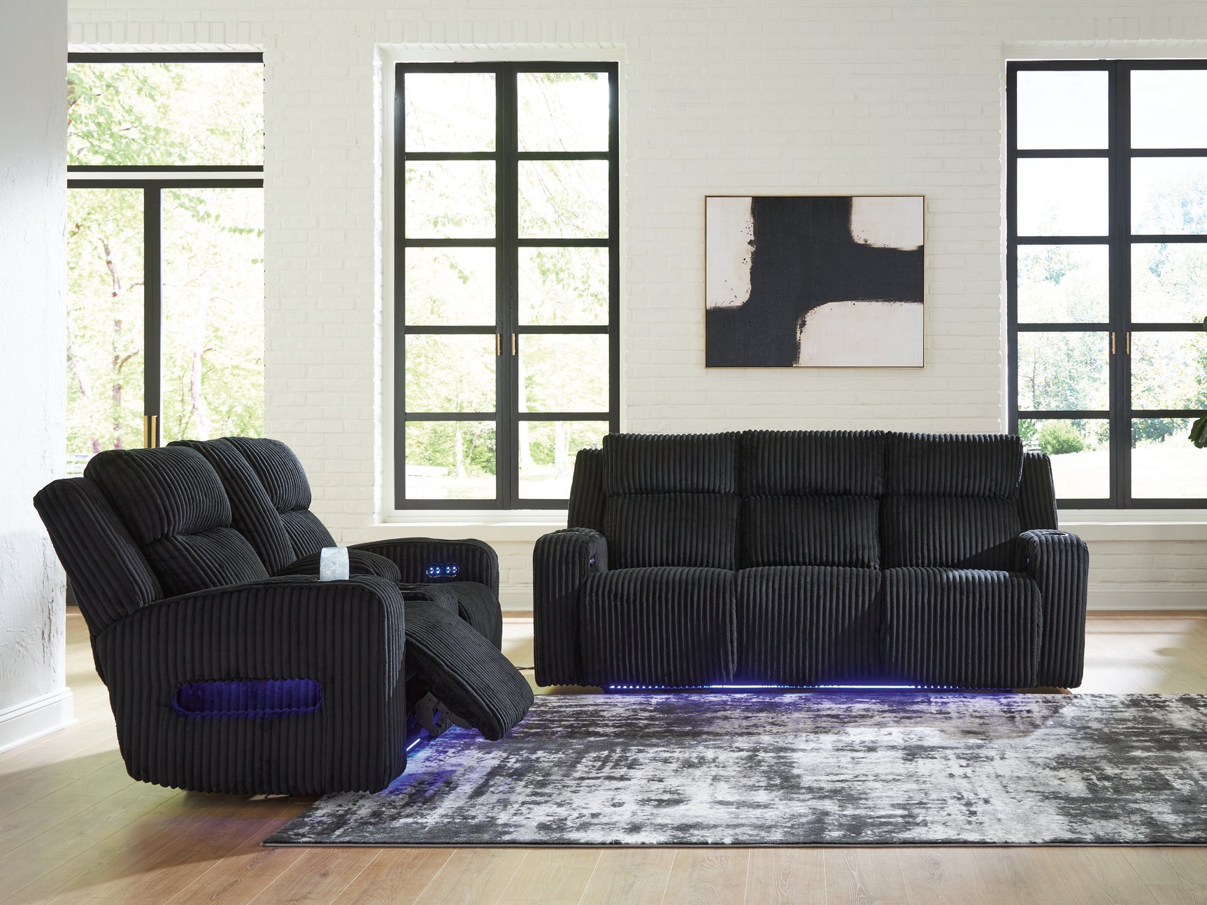LED ambient lighting detail on Forest Black Lake sofa