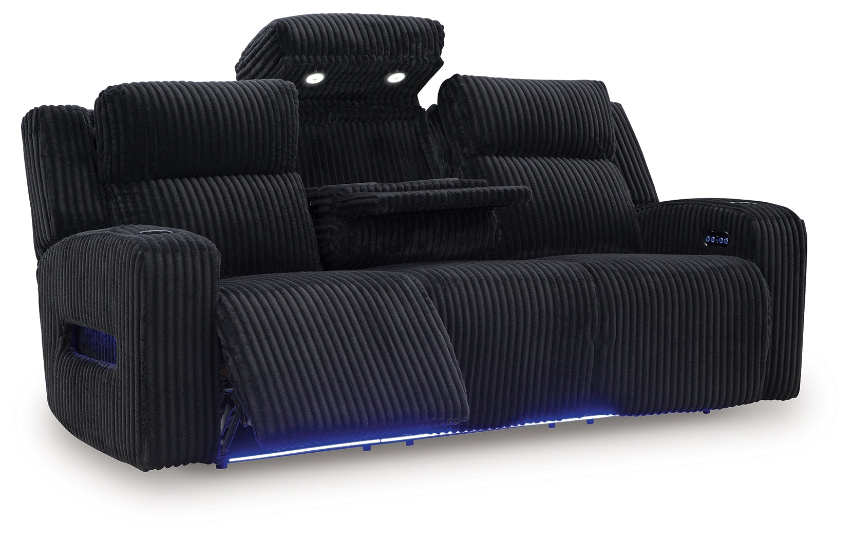 Power reclining drop-down table open with LED and cup holders