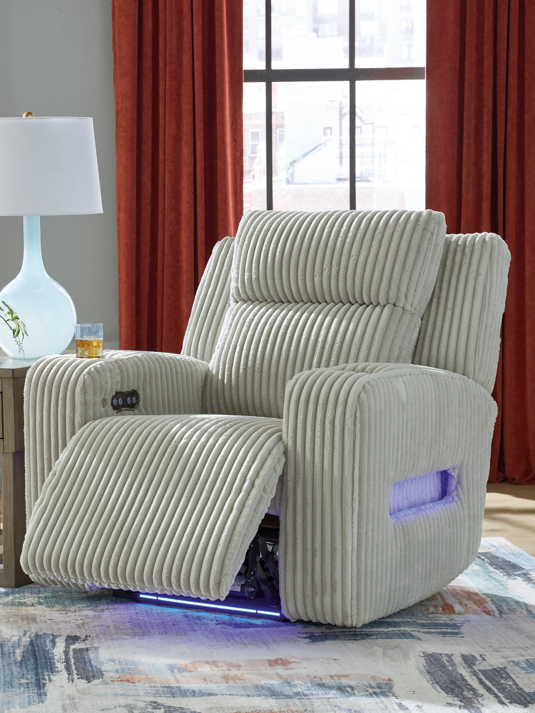Open position side view of Forest Lake Alloy Chenille Velvet Power Recliner