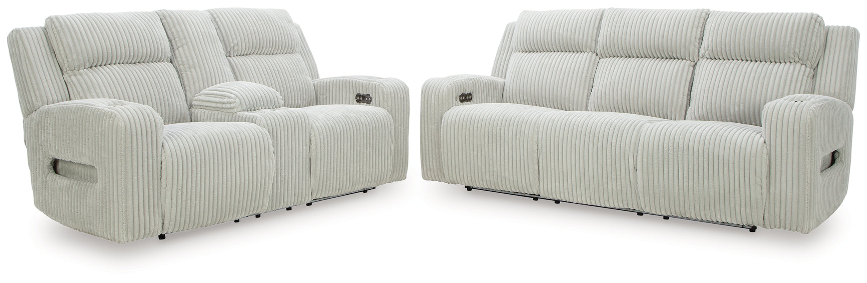 Power recliner control detail on Forest Alloy Lake sofa