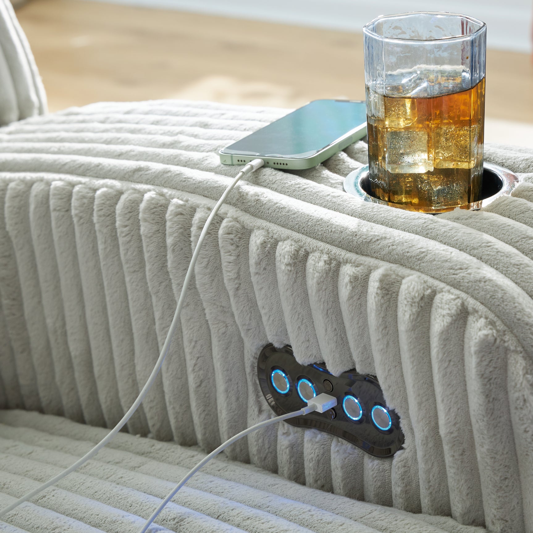Detail of USB charging port on Forest Lake Alloy Chenille Velvet Power Recliner