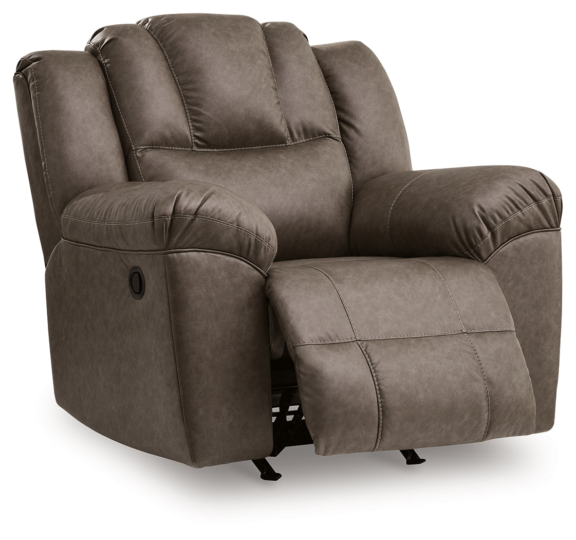 Lowilla Driftwood Faux Leather Recliner reclining position