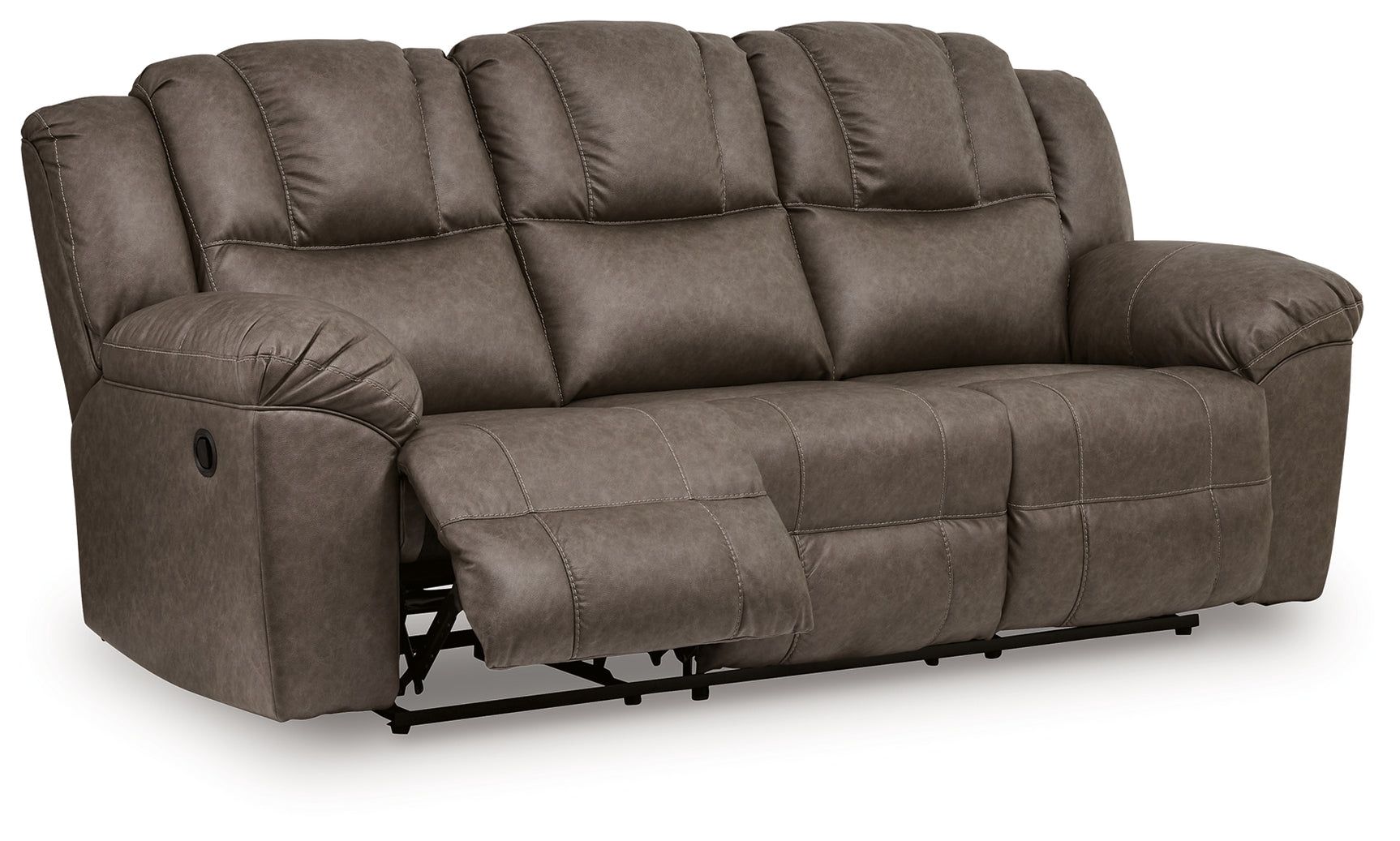 Side angle showing recliner open on Lowilla sofa