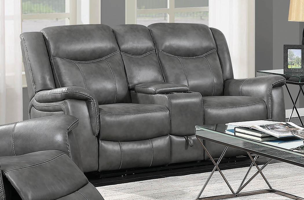 Conrad Upholstered Motion Loveseat in cool grey angled front view with console