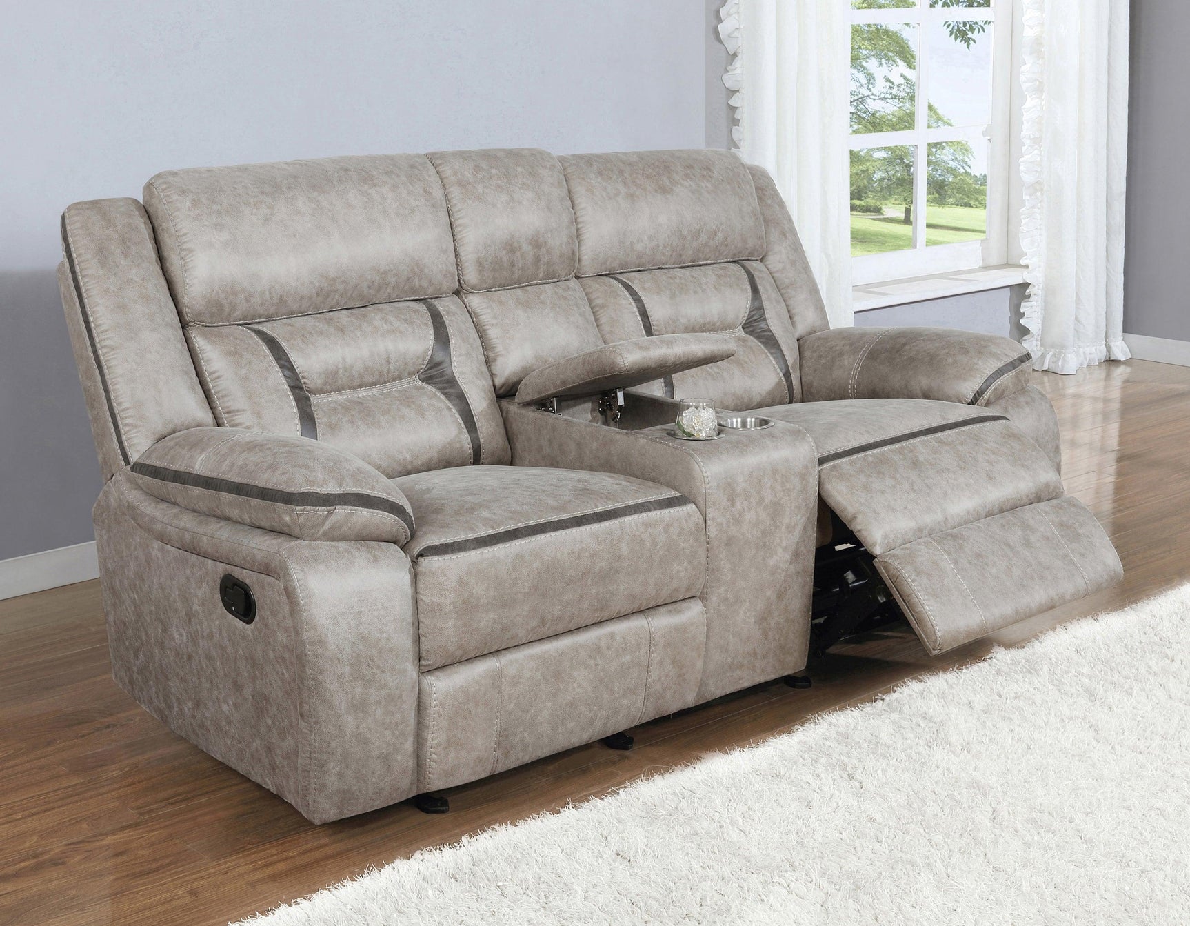 Side view of Greer tufted back upholstered glider loveseat