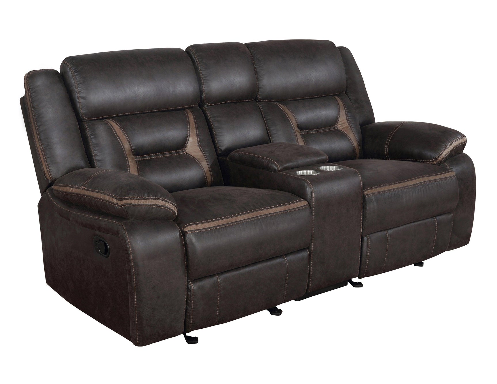 Built-in cupholder and storage pocket on Greer motion sofa console