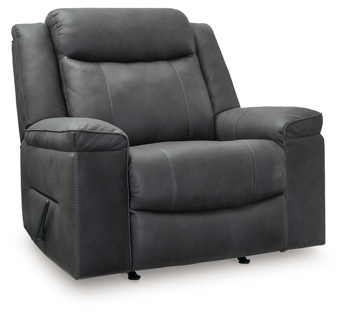 Side view of Status Check Shadow faux leather recliner
