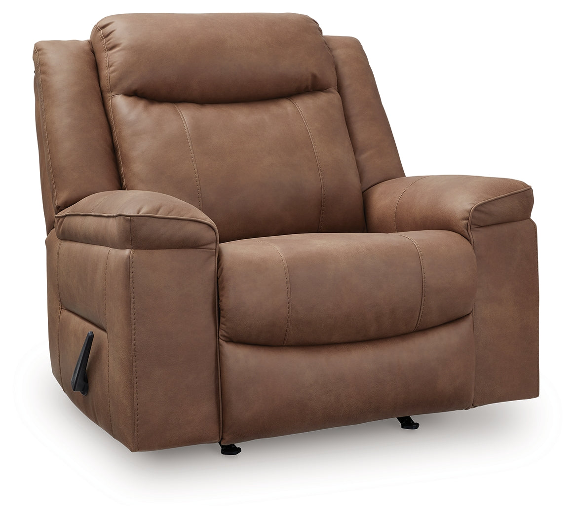 side view of Status Check Caramel Faux Leather Recliner