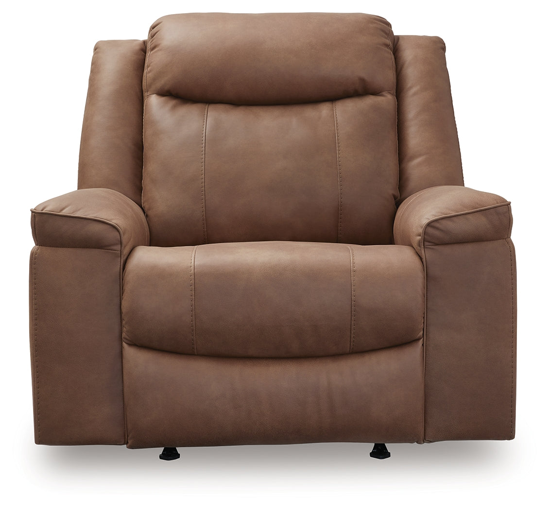 front view of Status Check Caramel Faux Leather Recliner