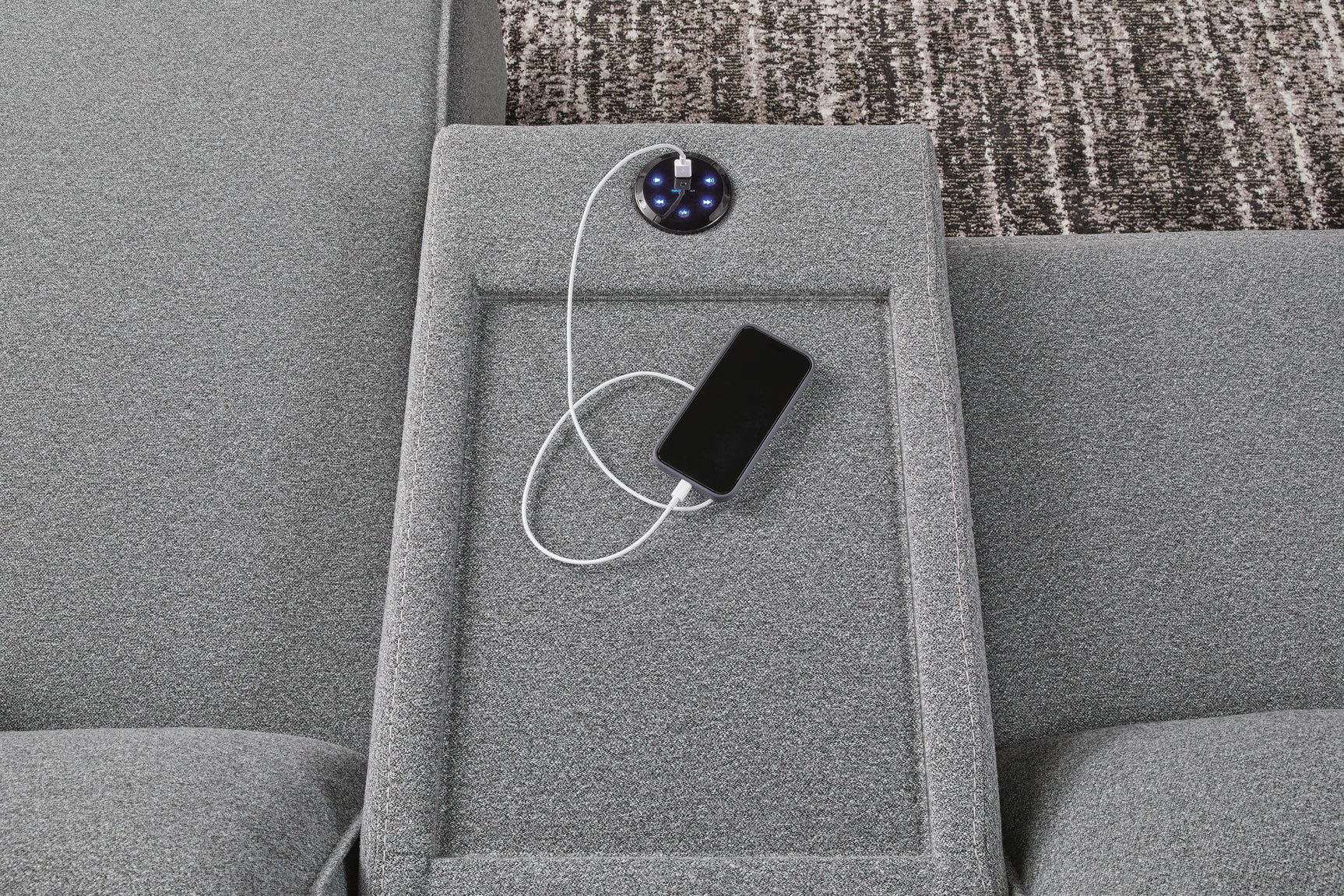 Audio console with built-in sound system and USB charging on Modmax II sectional