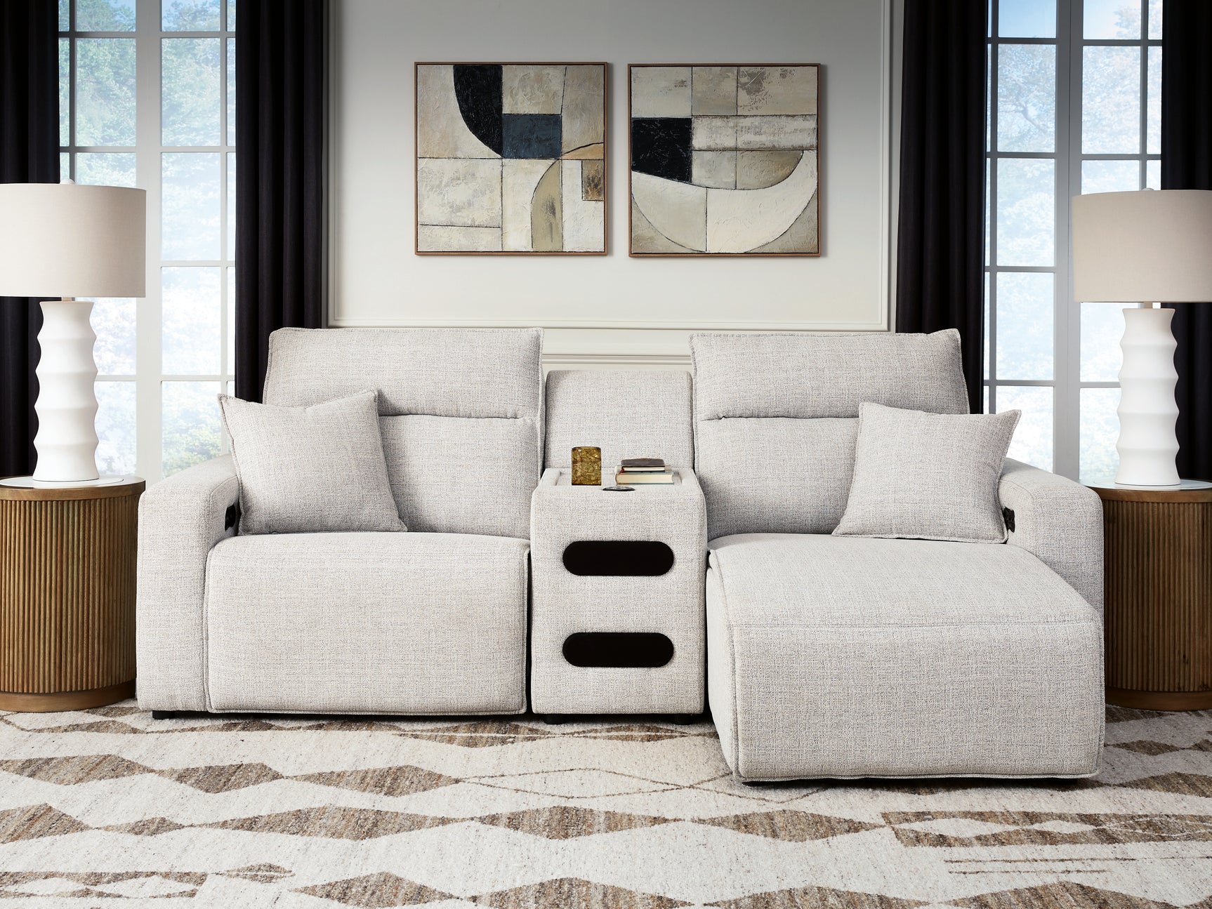Modmax II Stone 3-Piece Power Reclining Sectional, side view with chaise