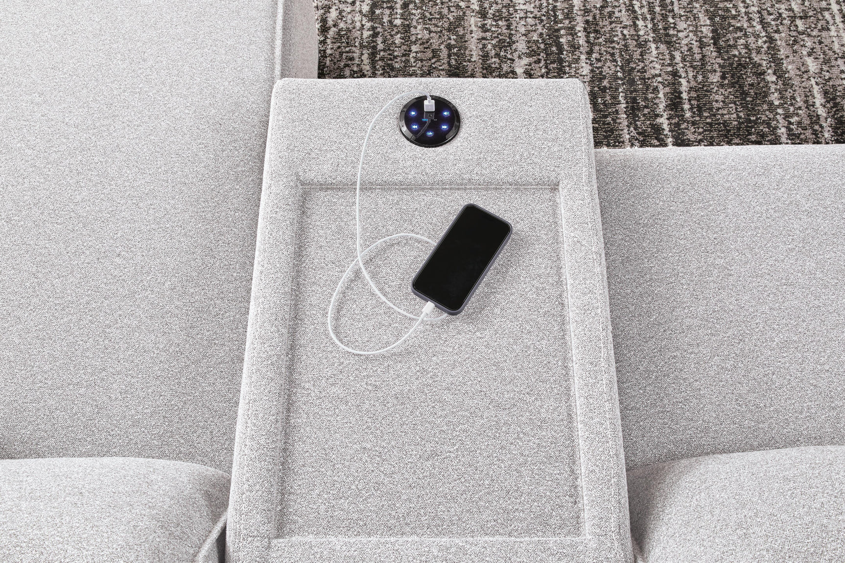 Audio console with USB charging and wireless sound system detail
