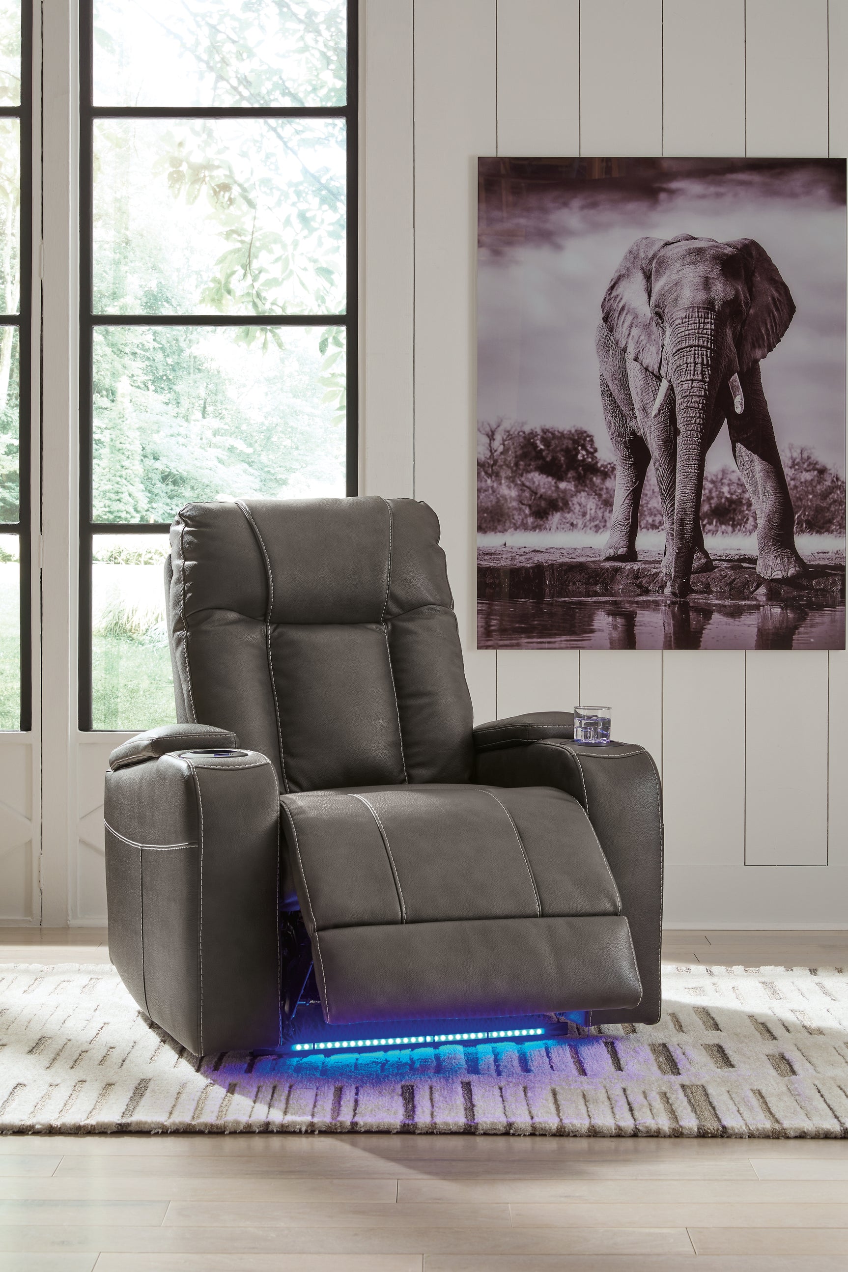 Open reclining view of Feazada Shadow Faux Leather Power Recliner