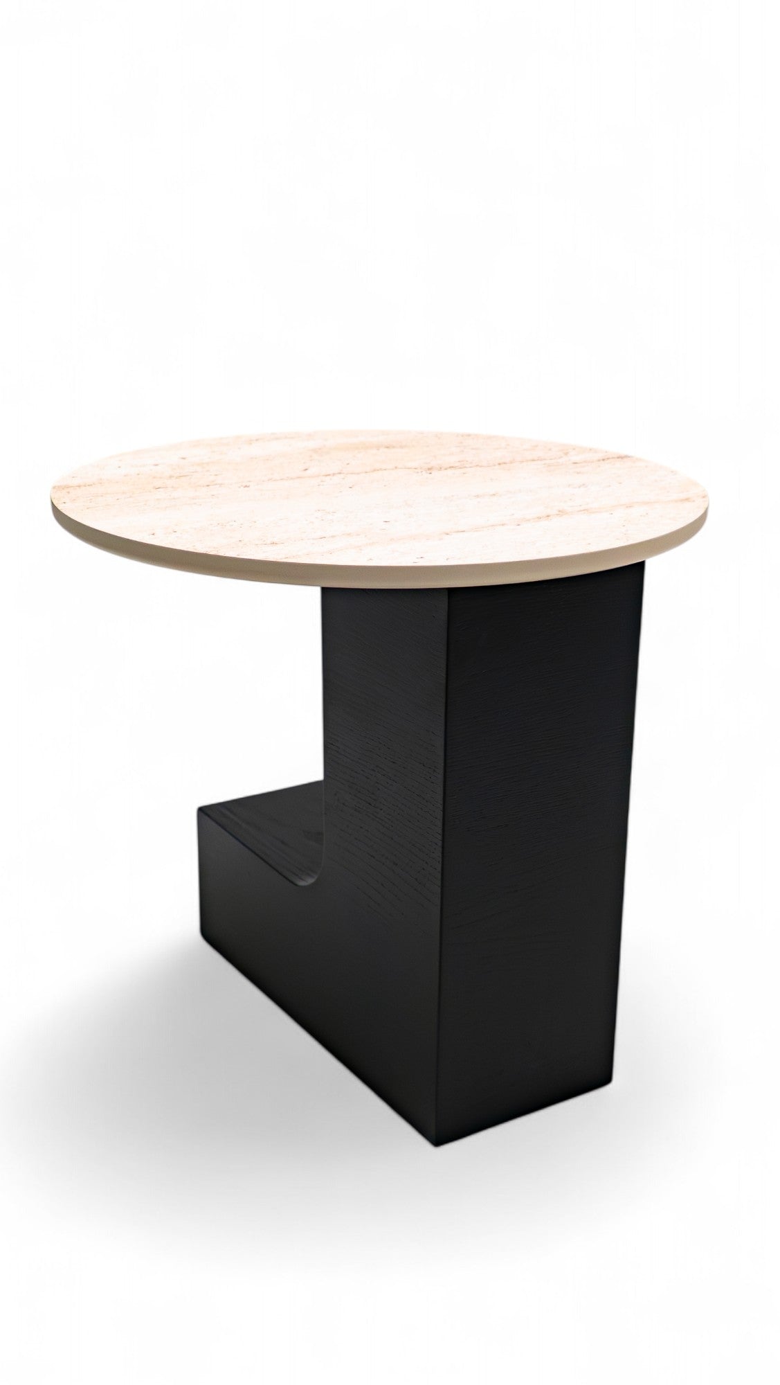 Jinna black travertine end table side view