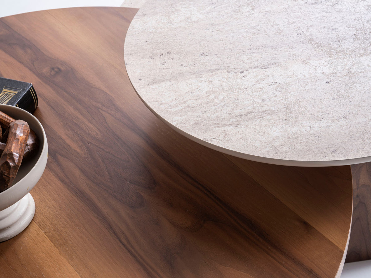 Side view of walnut and travertine end table