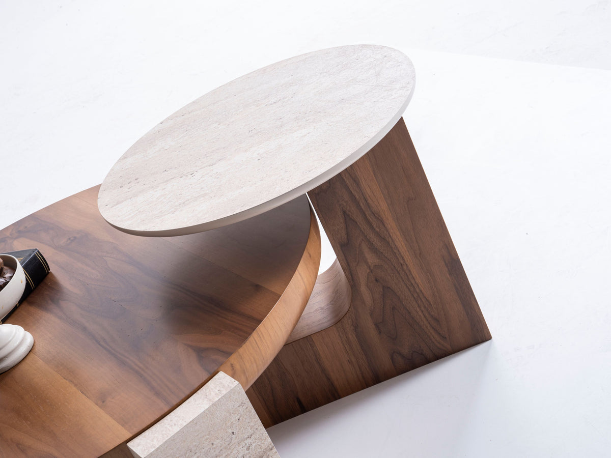 Close-up of travertine top on walnut coffee table