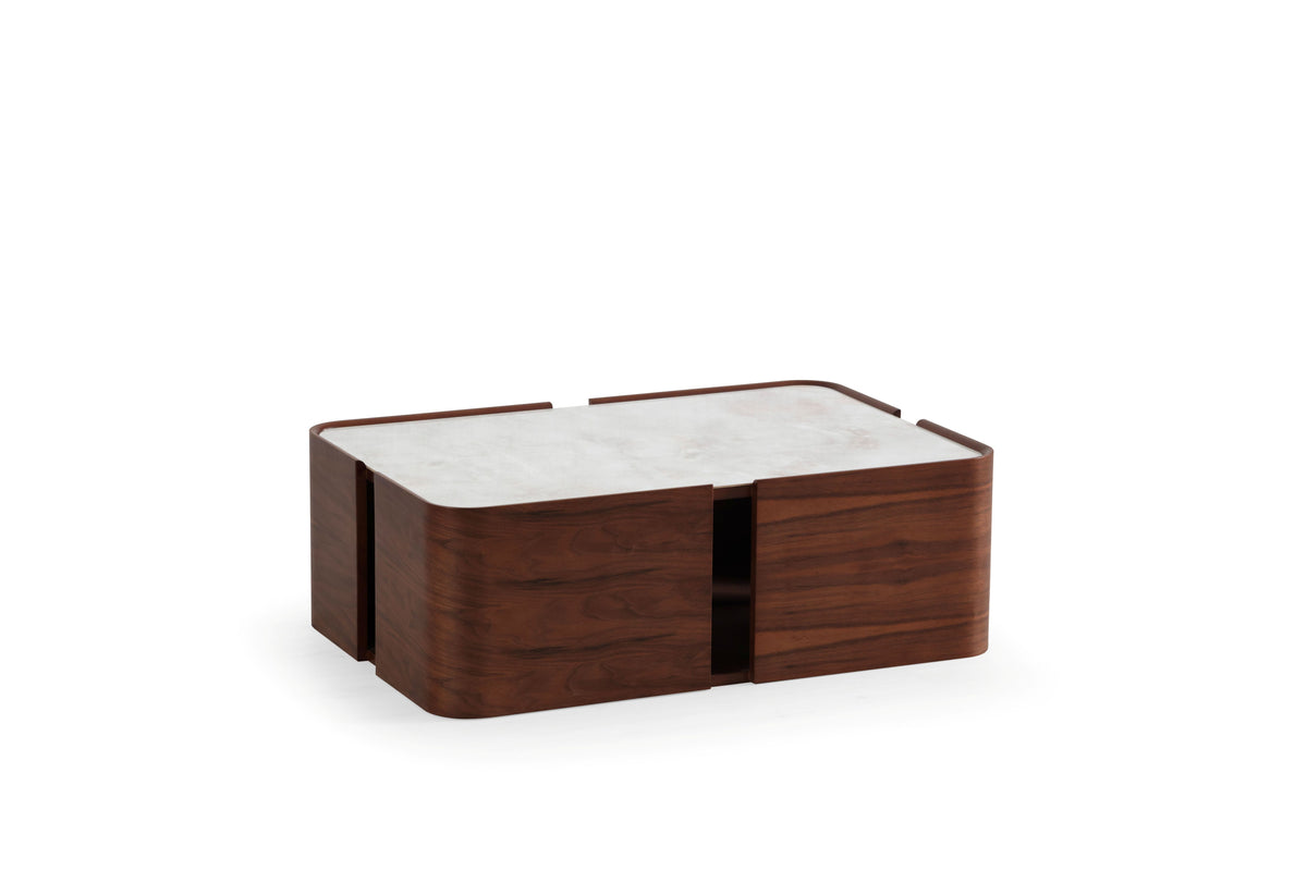 Detail of walnut wood base on Killua Marble Coffee Table