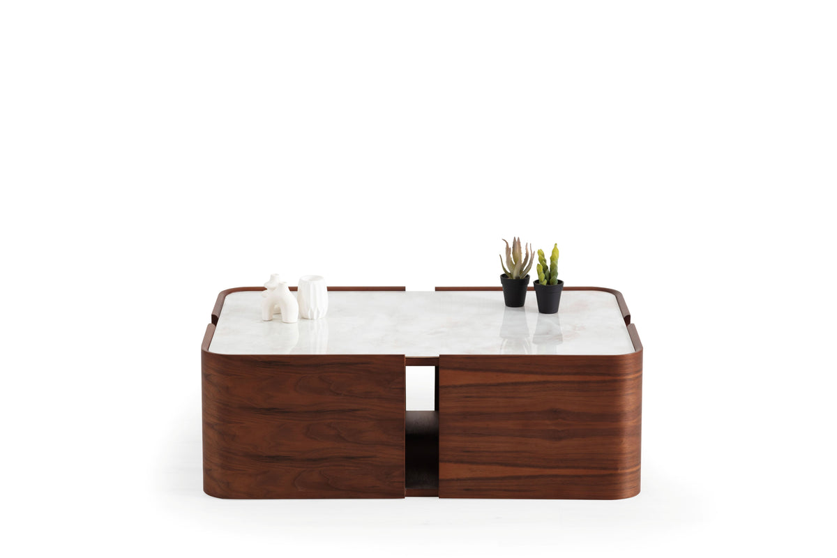 Side view of Killua Walnut Marble Coffee Table