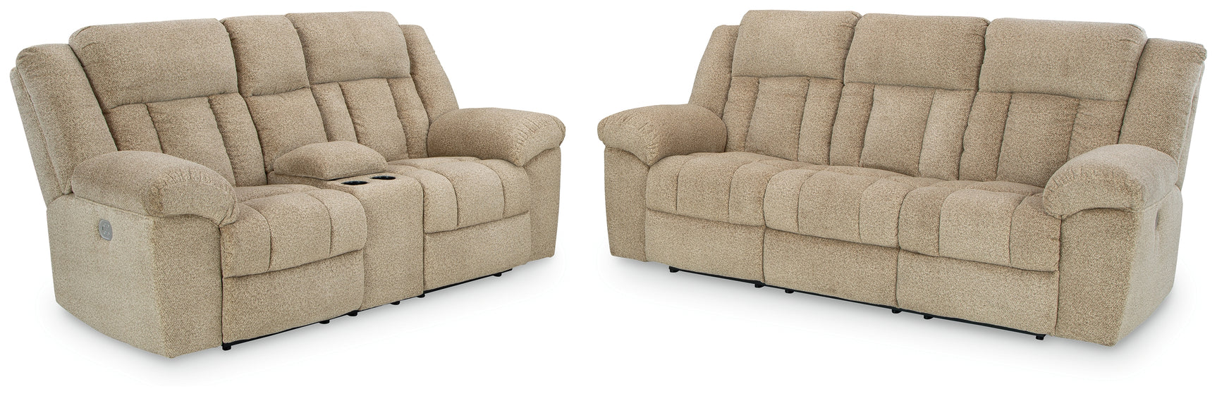 Close-up of reclining mechanism on Tip-Off Wheat sofa