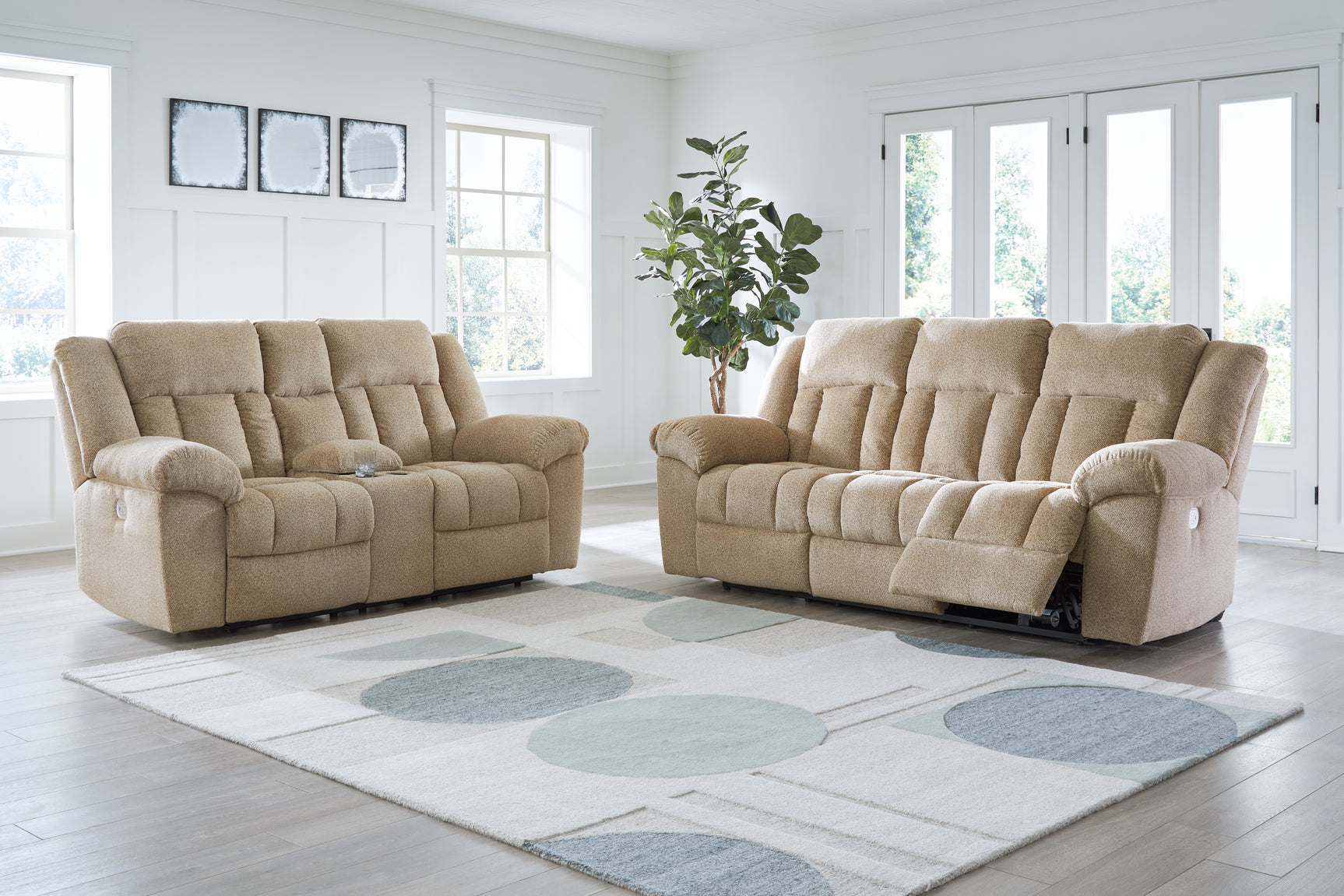 Side view of Tip-Off Wheat loveseat showing power recline feature