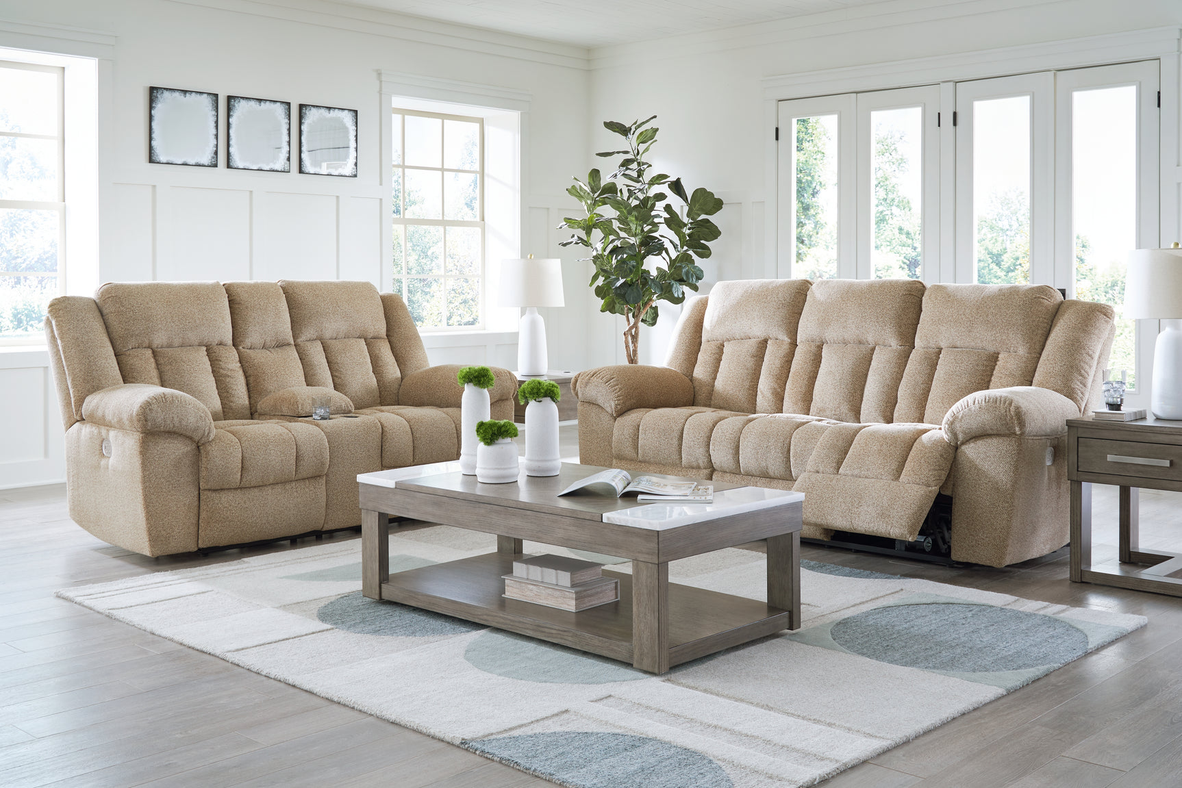 Power recline USB charging port detail on Tip-Off Wheat sofa