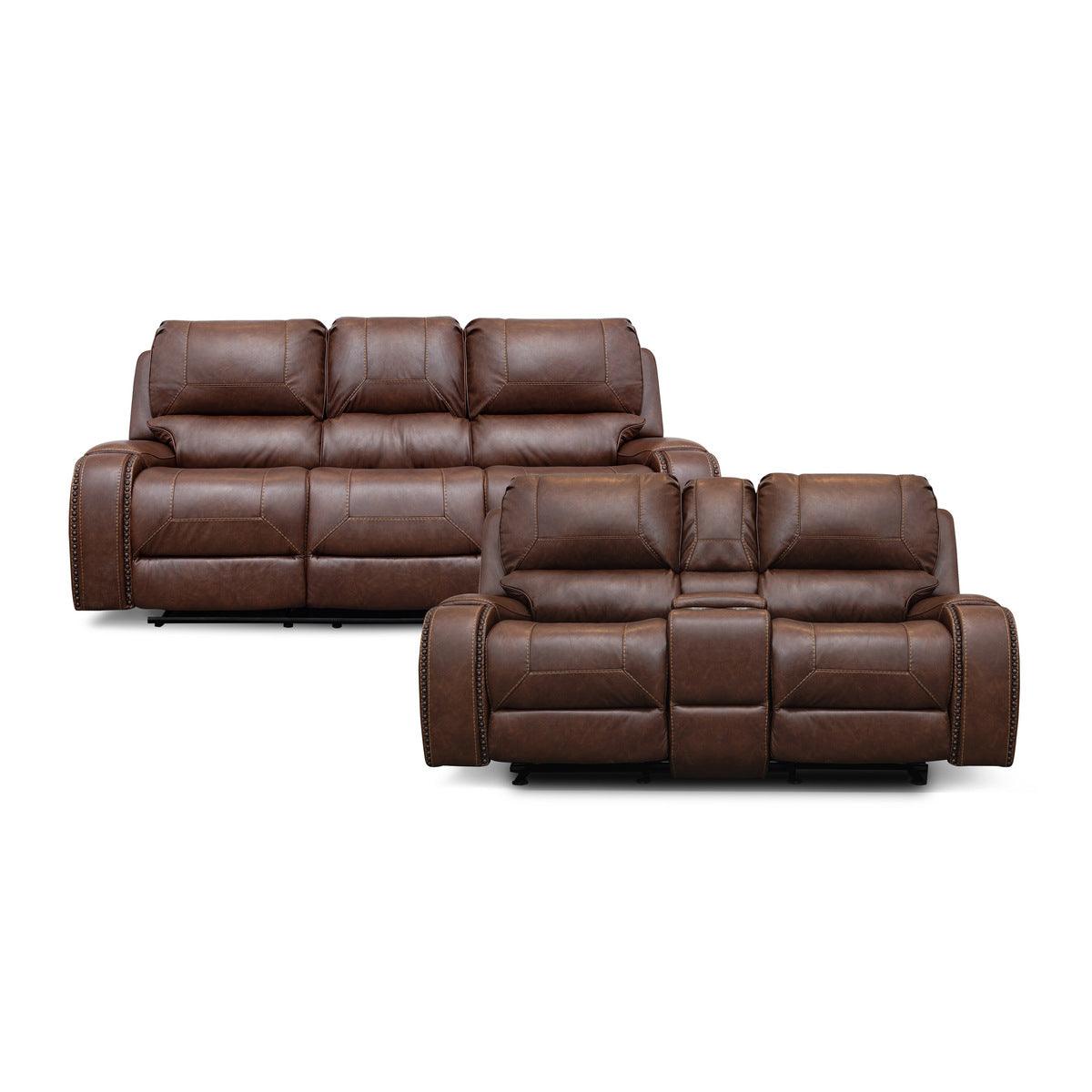 main view of brown faux leather sofa set