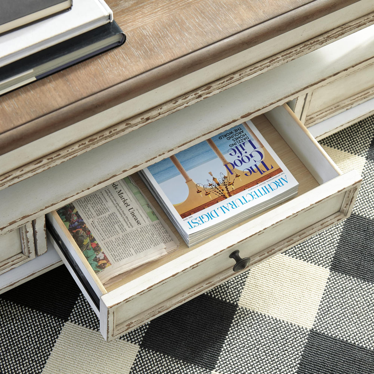 Realyn White/Brown Coffee Table with 2 End Tables — detail view