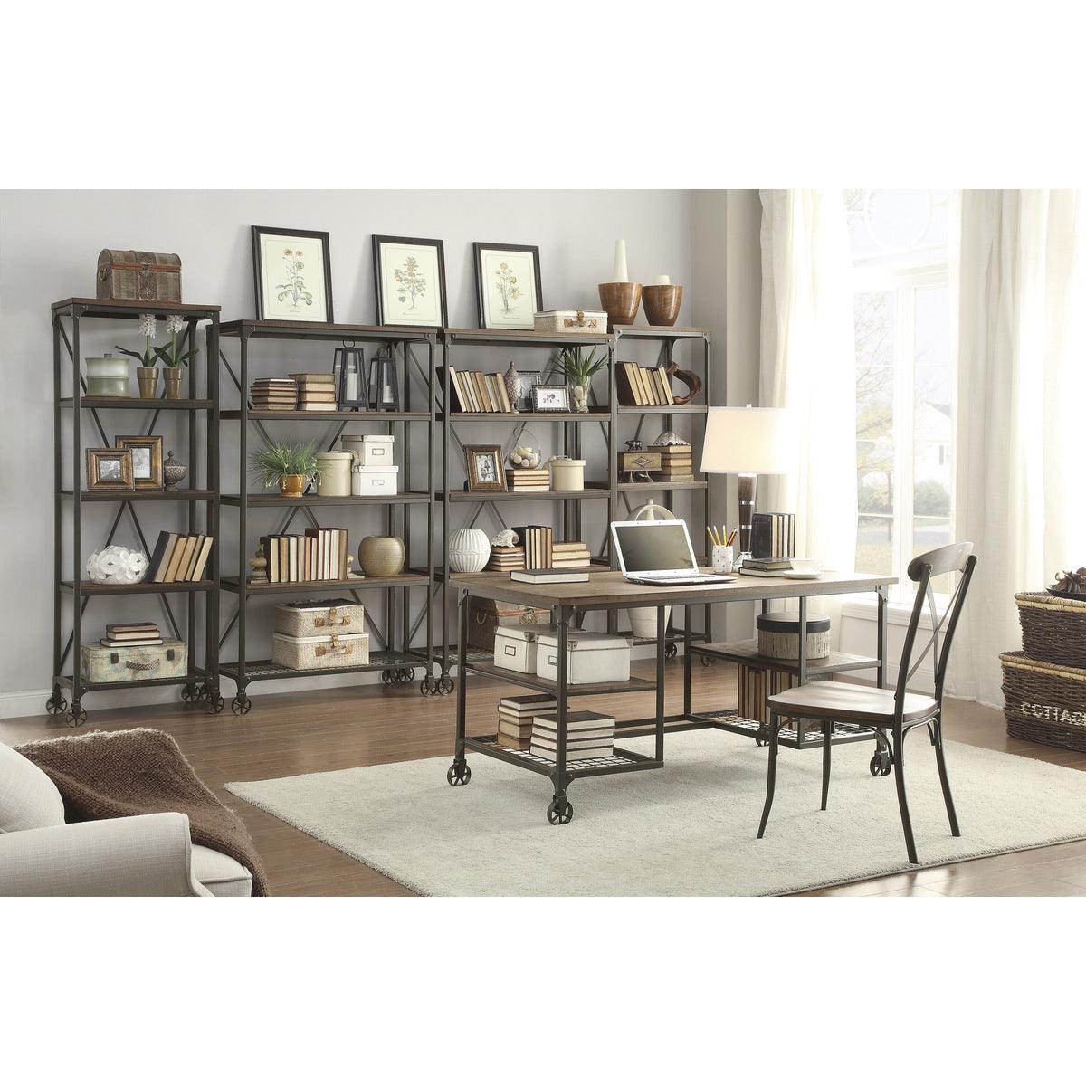 Millwood bookcase top shelf detail with weathered natural finish
